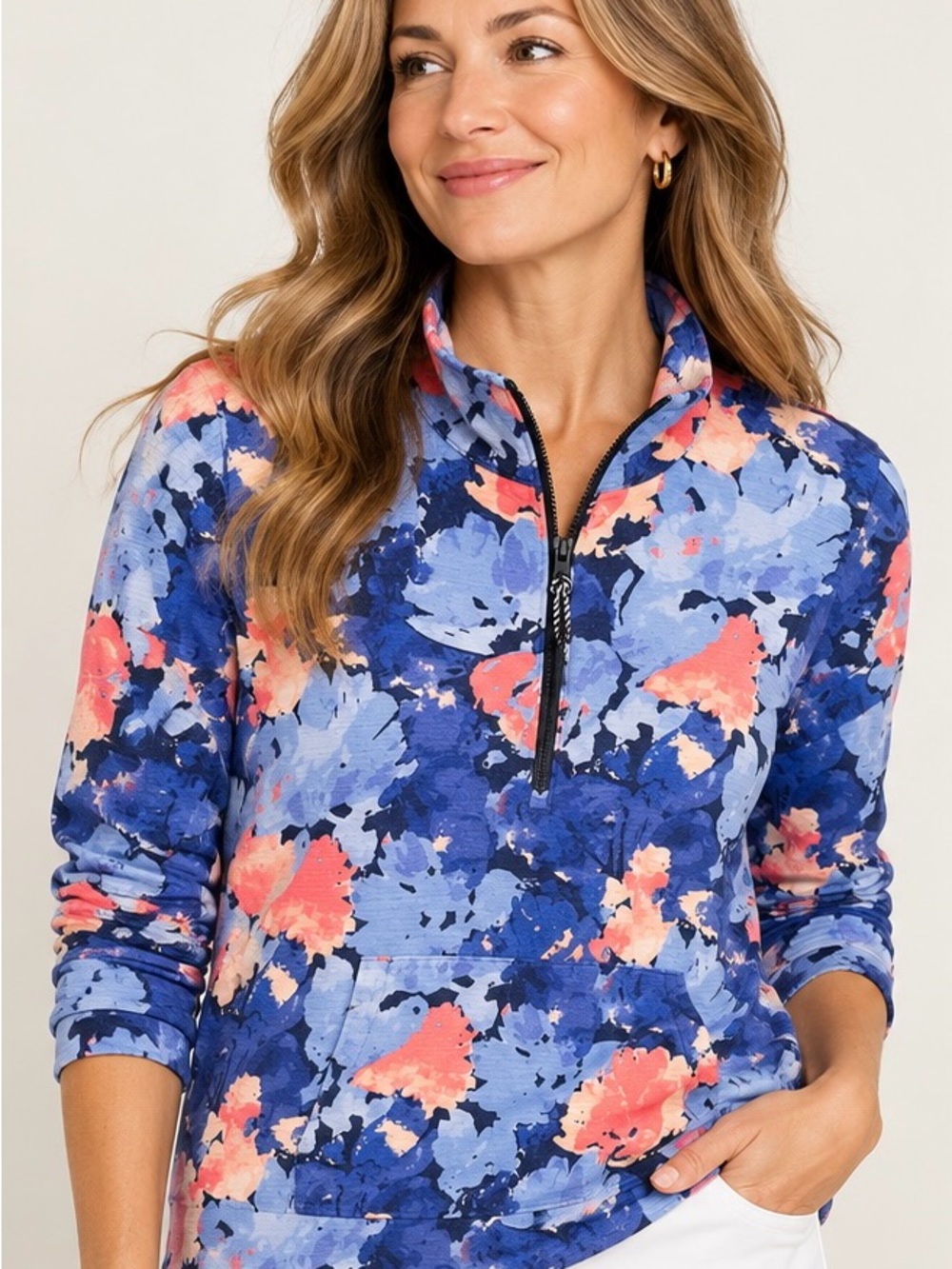 Talbots UPF 50+ Quarter Zip Pullover Floral Print Blue Coral MP
